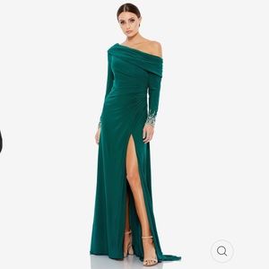 OFF-THE-SHOULDER JERSEY GOWN W/ JEWEL-ACCENTED CUFFS
